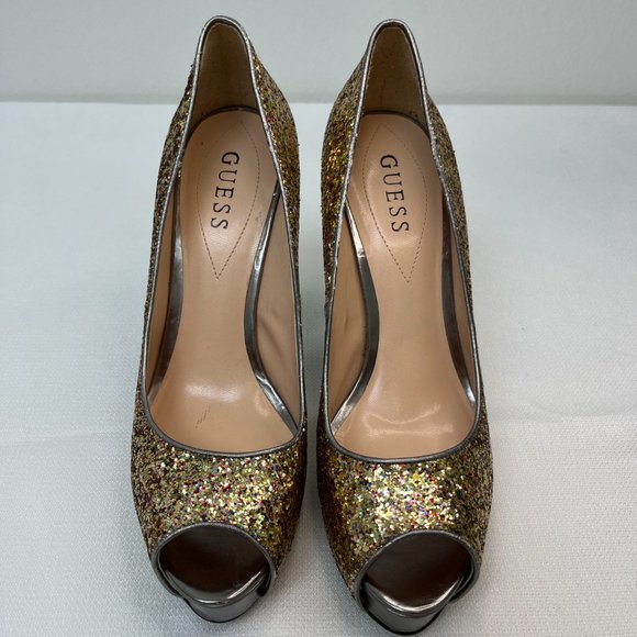 Guess Glitter Multicolor Gold Peep Toe Platform Heels Holiday Women's Size 9M - Picture 2 of 16